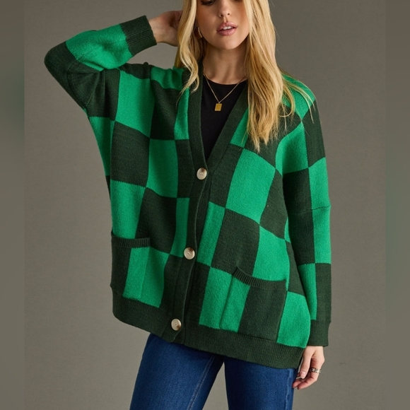 Panache Apparel Girl Crush Oversized Cardigan In Green Checkered Size LG - Picture 3 of 16